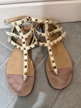 Valentino Studded Ivory T-Strap Gladiator Sandals - Women size 39 1/2